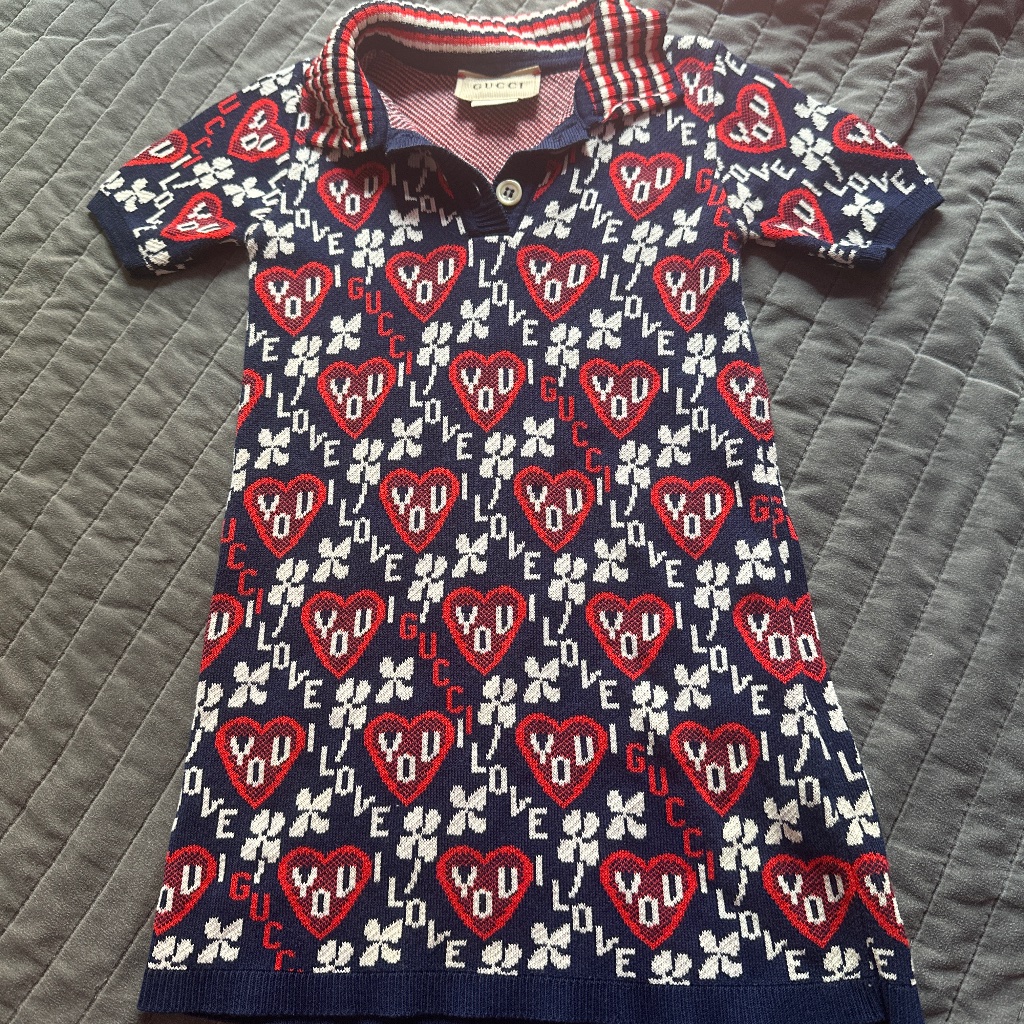 Gucci Kids Navy, Red & White Heart-Pattern Polo Dress